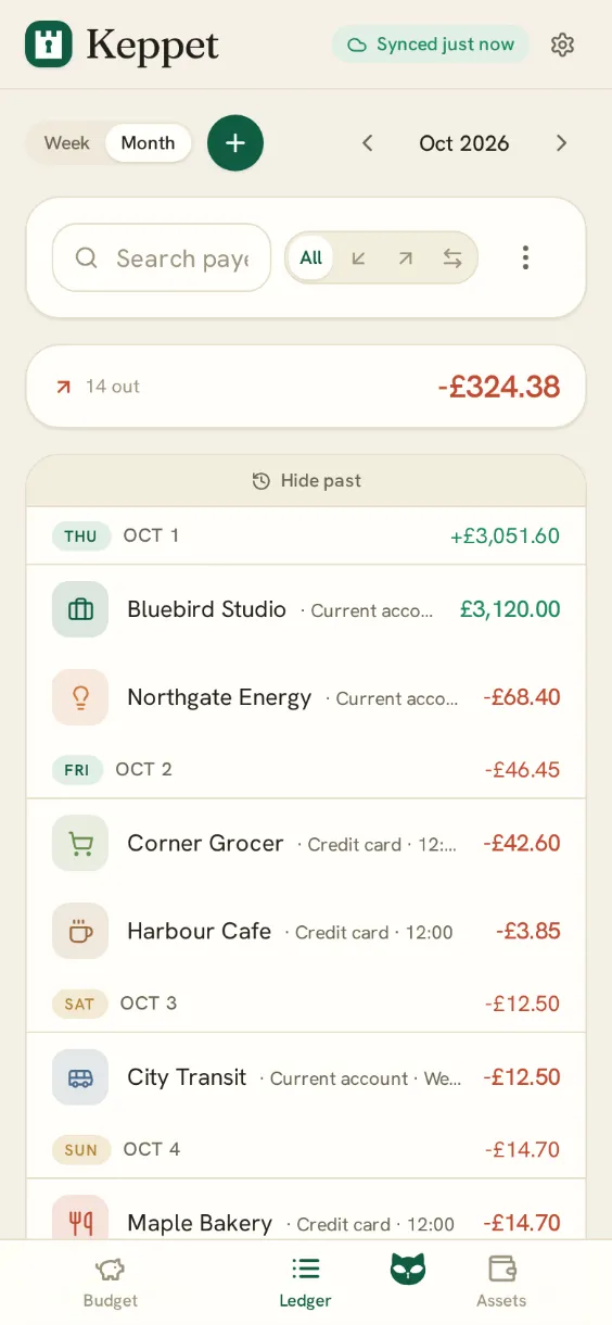 The Keppet ledger screen: a list of recent transactions grouped by day, with payee, category and amount on each row.